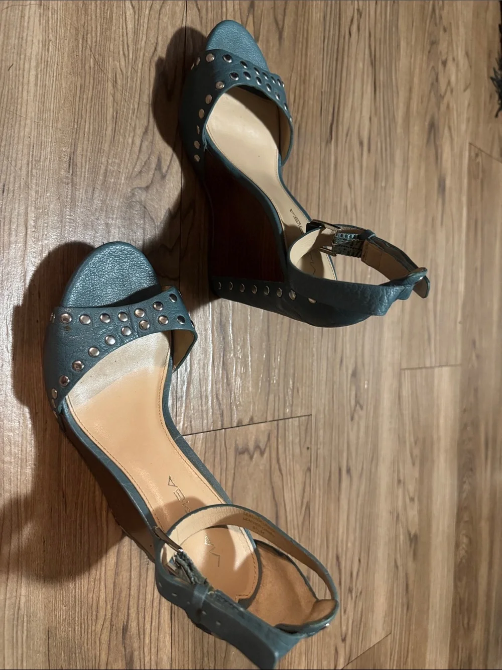 Via Spiga Teal Studded Ankle-Strap Heels